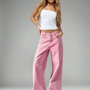 Missguided Pink Wide Leg Jeans, Size L (8-10), Perfect Jean for Taller Women